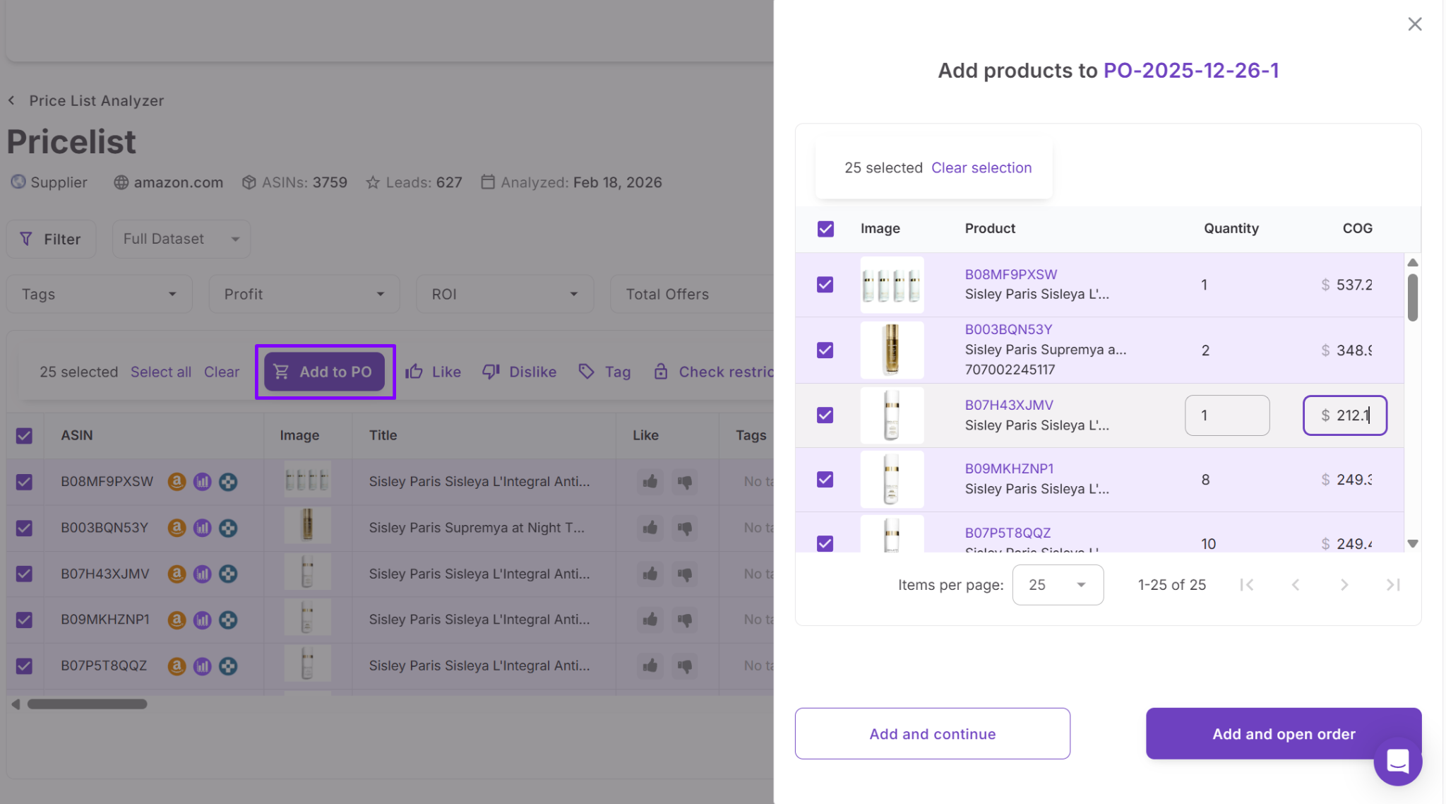 Выбирайте прибыльные товары из Price List Analyzer и добавляйте их непосредственно в заказ на покупку
