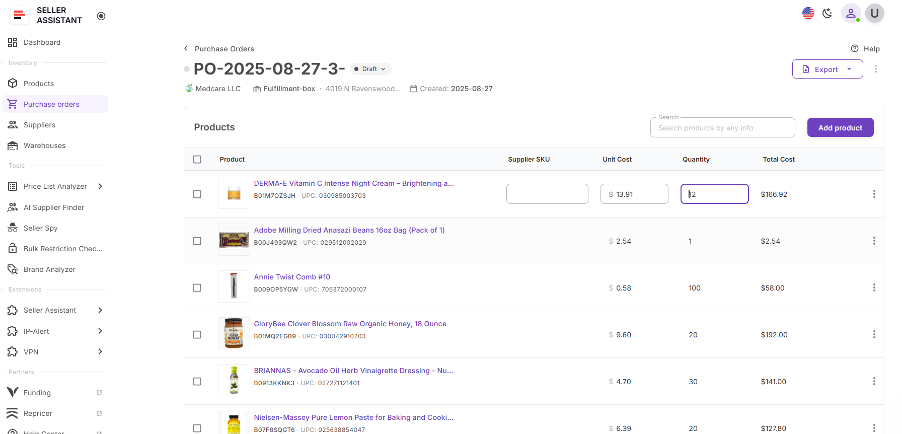 Отредактируйте количество и стоимость