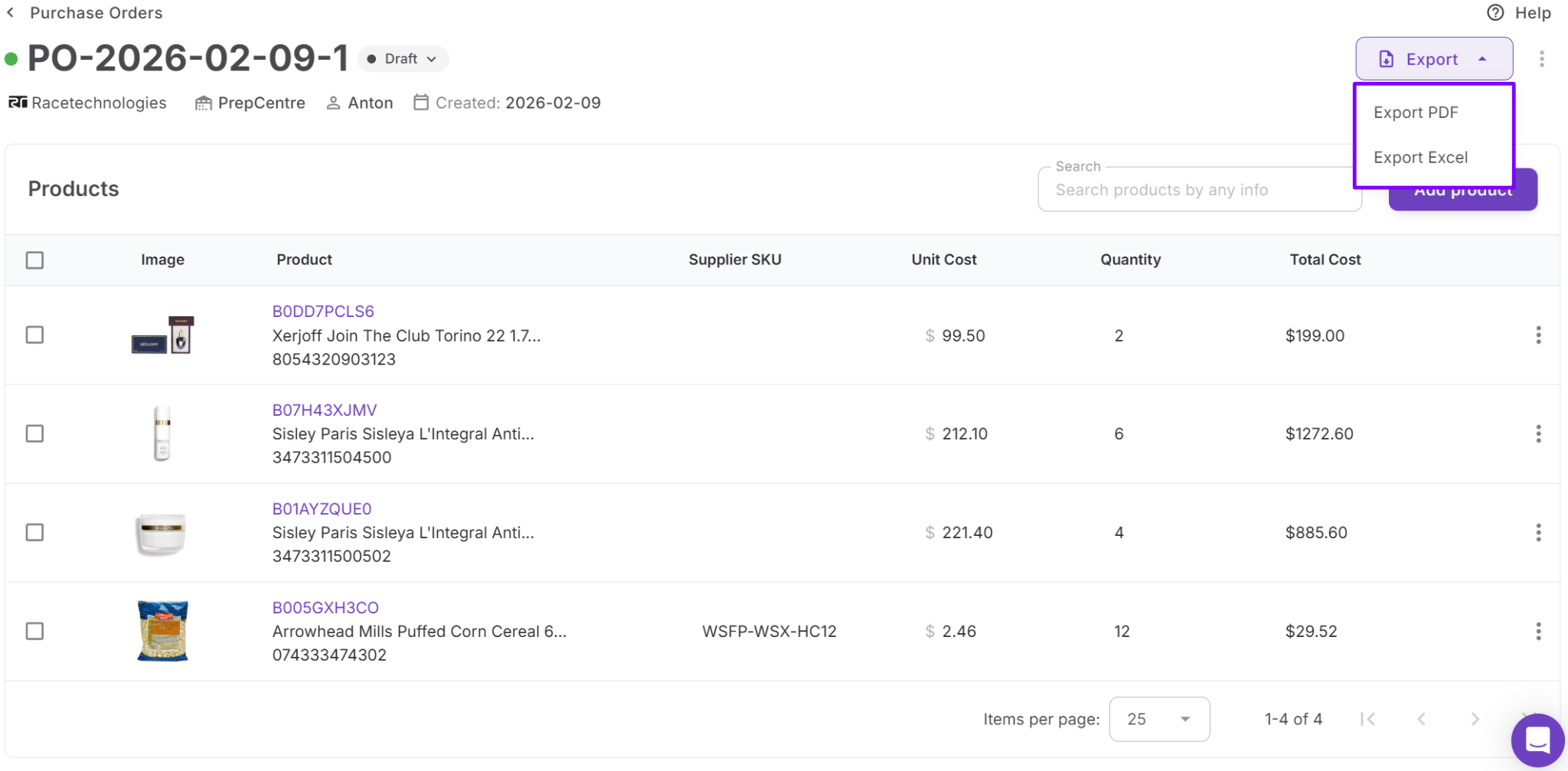 Экспортируйте заказ на покупку
