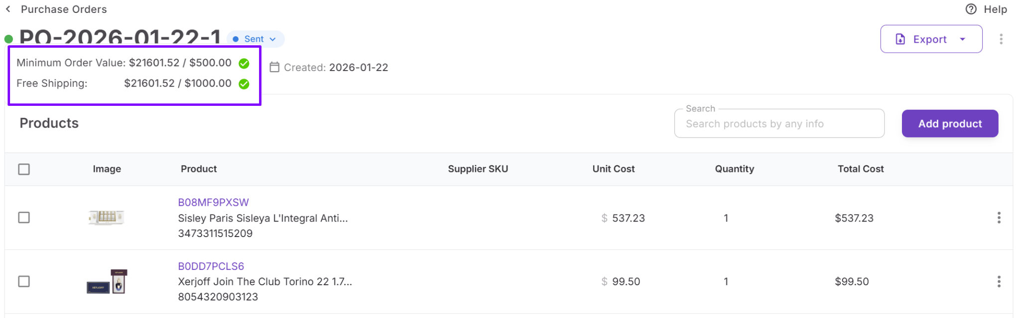 В интерфейсе заказа визуальные индикаторы показывают, соответствует ли текущий заказ порогам поставщика