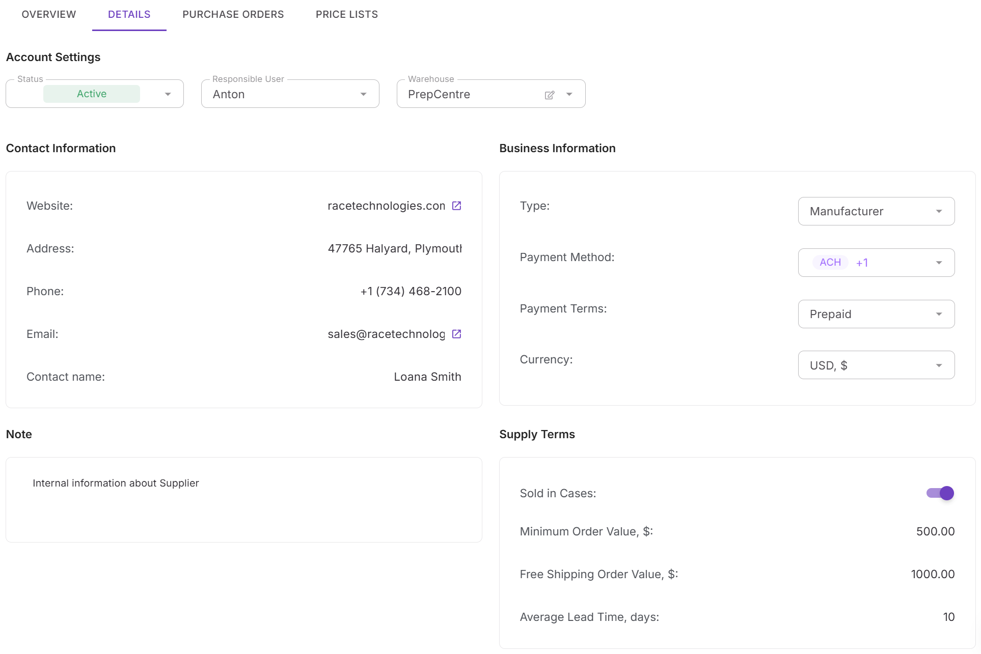 Details tab in Supplier profile