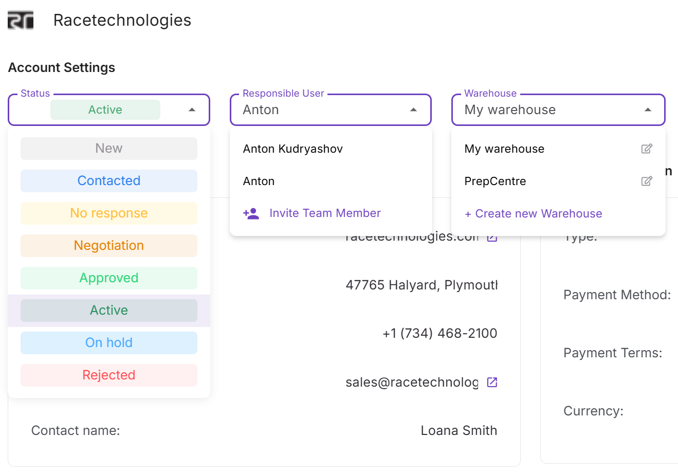 Configuración de la cuenta en el perfil del proveedor