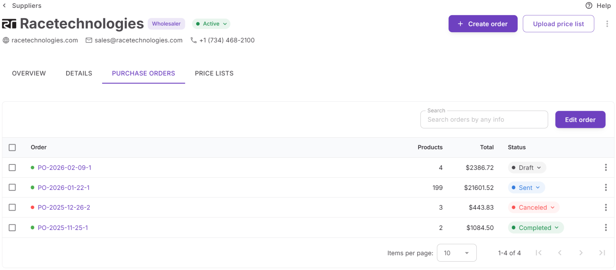 Órdenes de compra vinculadas a los proveedores