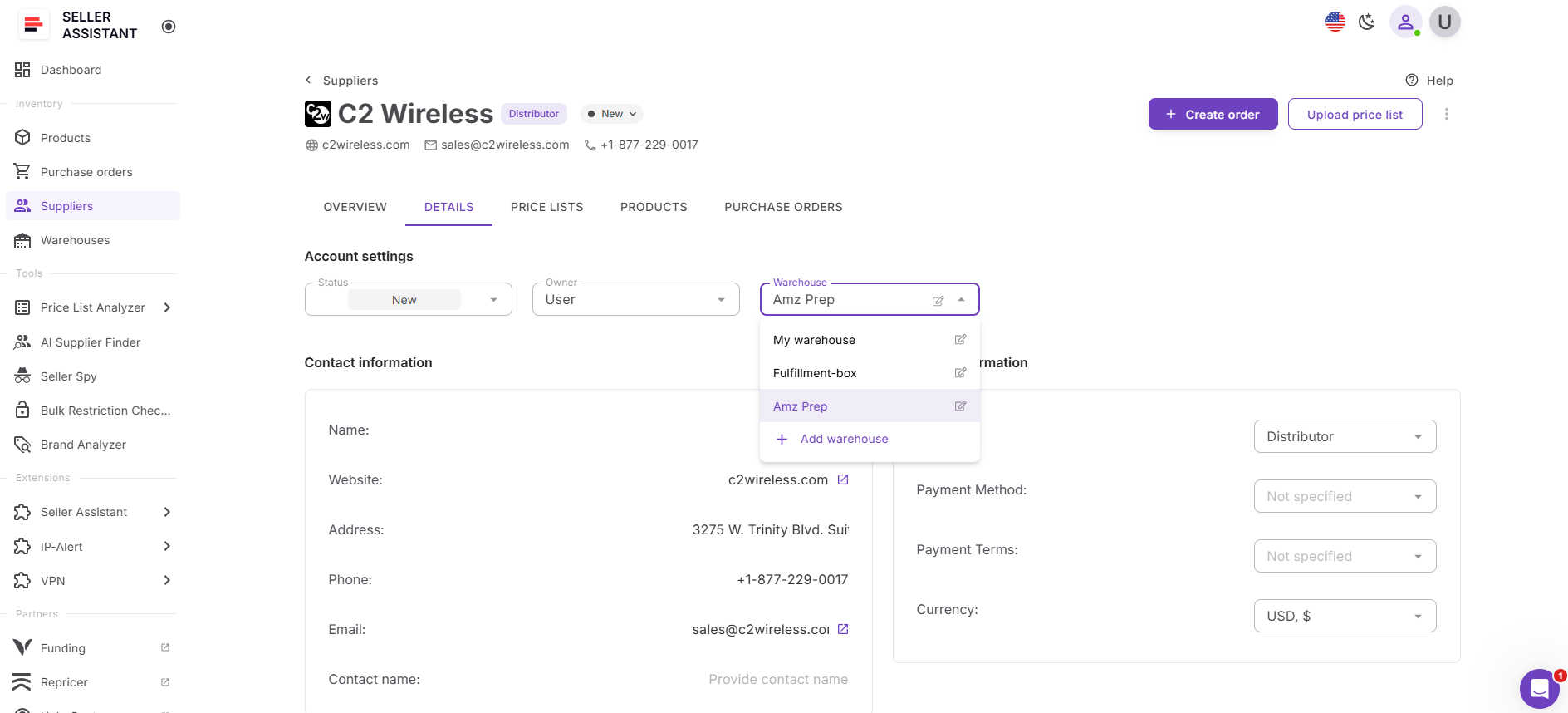 При создании или редактировании профиля поставщика вы можете назначить склад