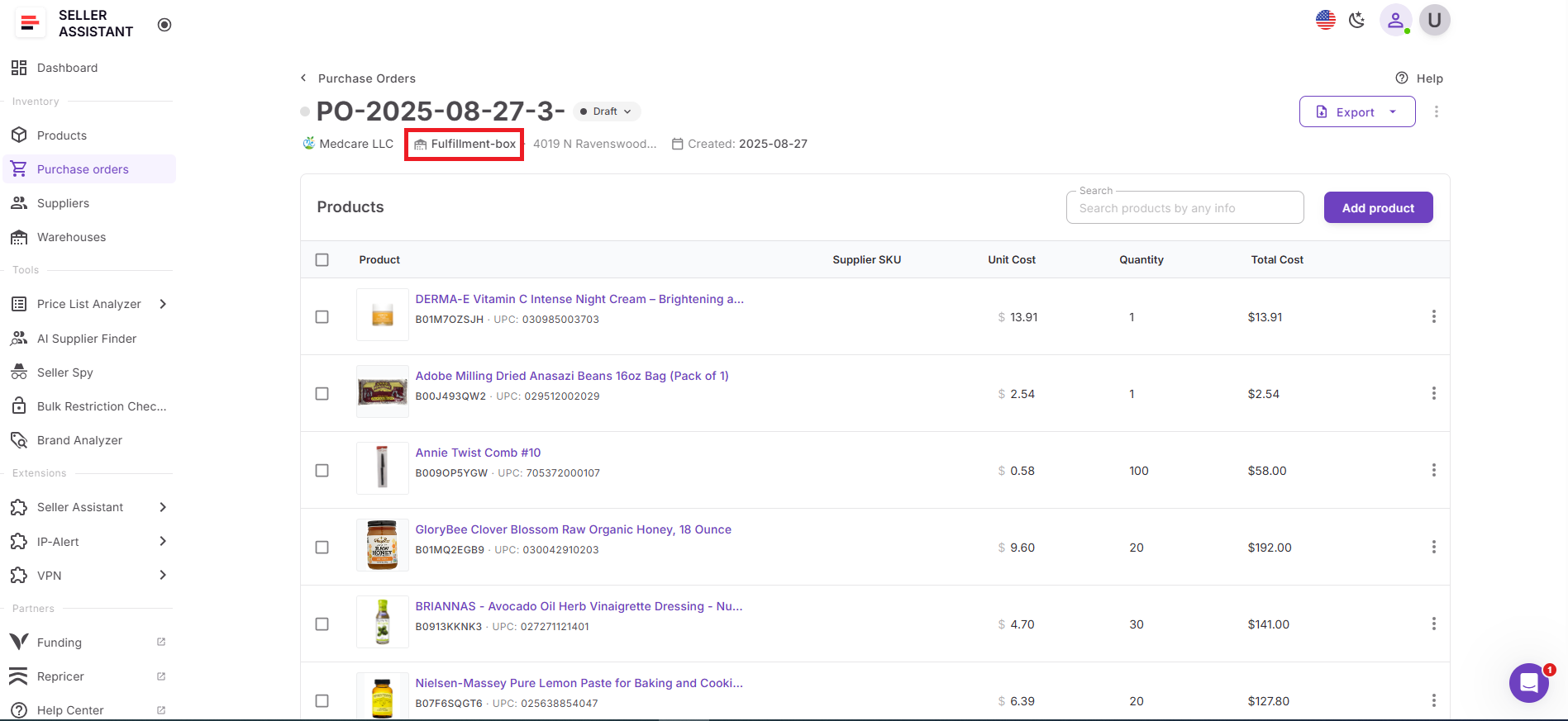 При создании заказа на покупку система автоматически заполняет адрес доставки, используя выбранную запись о складе