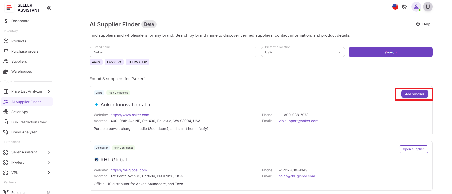 Añadir proveedor crea un nuevo perfil y rellena automáticamente los datos disponibles
