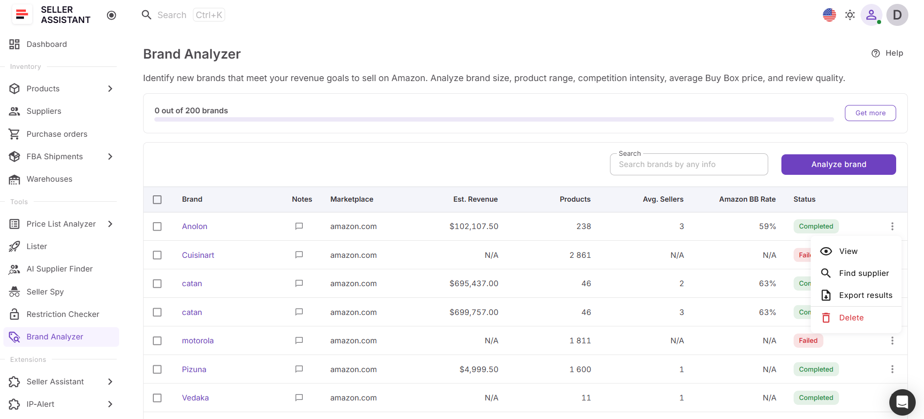 Once a brand qualifies, Brand Analyzer connects directly with AI Supplier Finder, allowing sellers to move immediately into supplier discovery
