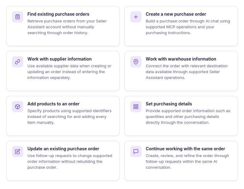 What you can do with Seller Assistant MCP for purchase orders