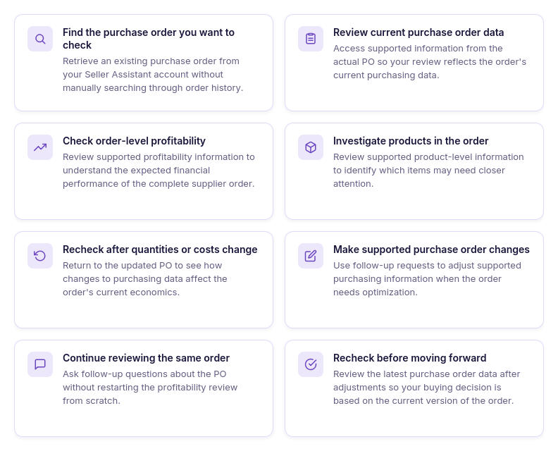 Qué puedes hacer con Seller Assistant MCP para la rentabilidad de las órdenes de compra