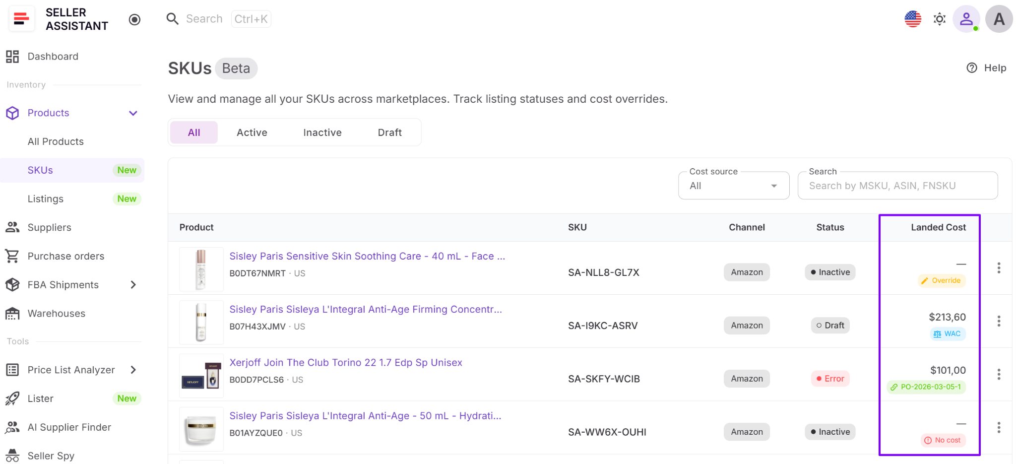 Puedes acceder al landed cost en la SKUs Tool