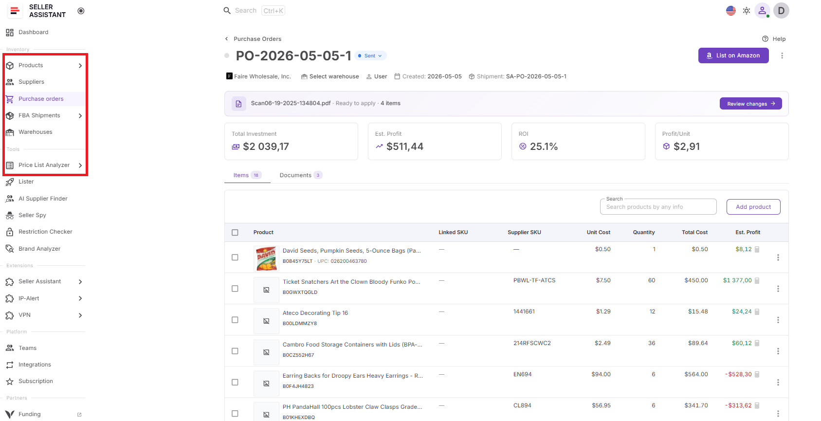 Profitability Calculator for Bulk Orders works inside Seller Assistant's connected workflow and uses purchasing data already stored across the platform