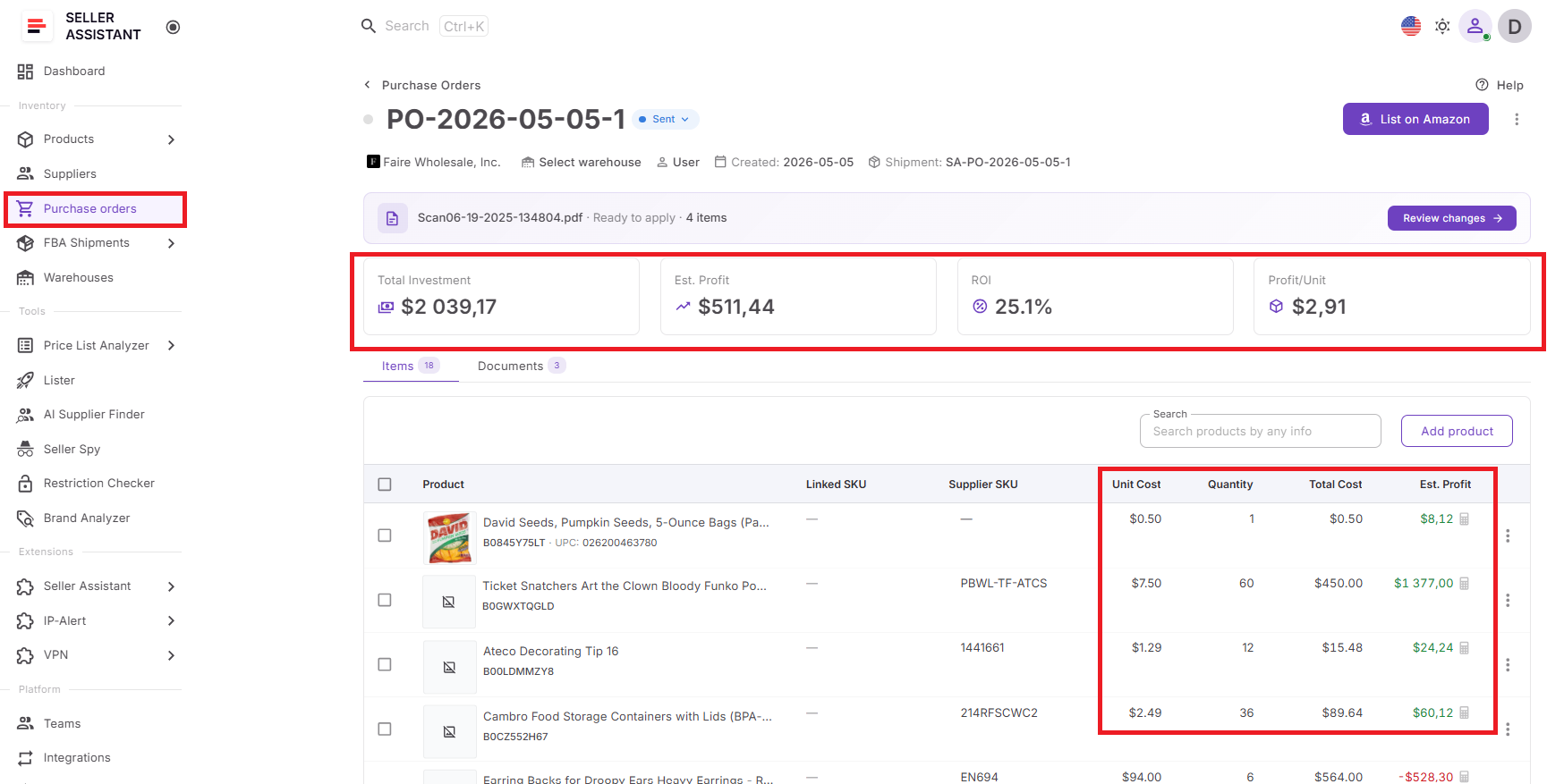 You can access Profitability Calculator for Bulk Orders inside Purchase Orders Module while creating or reviewing purchase orders