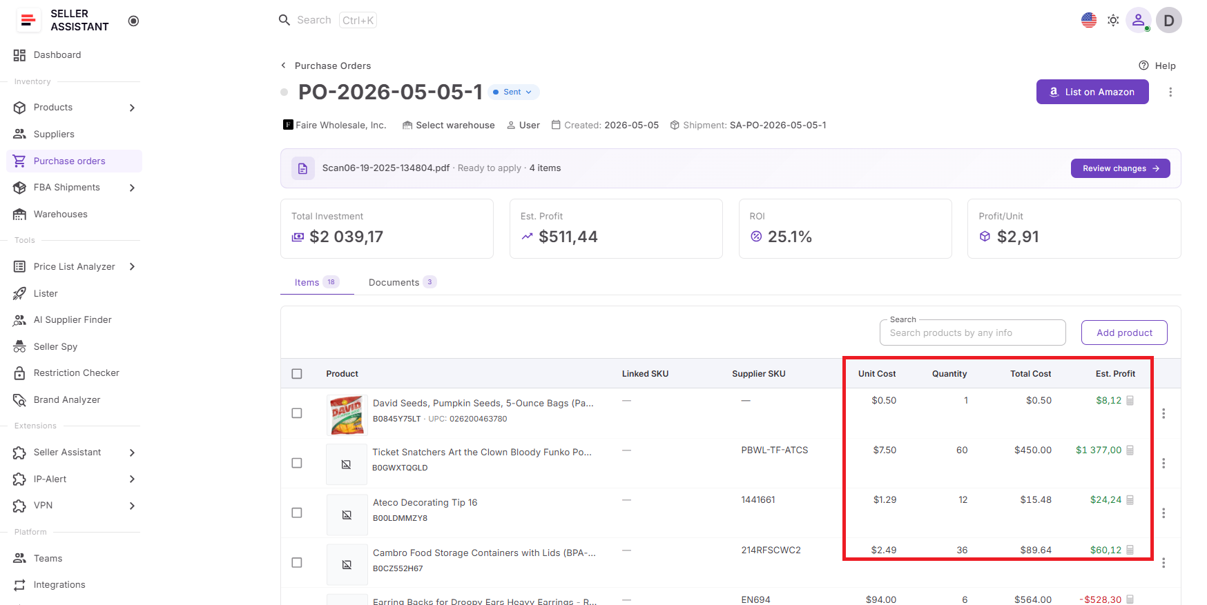 The calculator provides profitability insights for each product in a purchase order