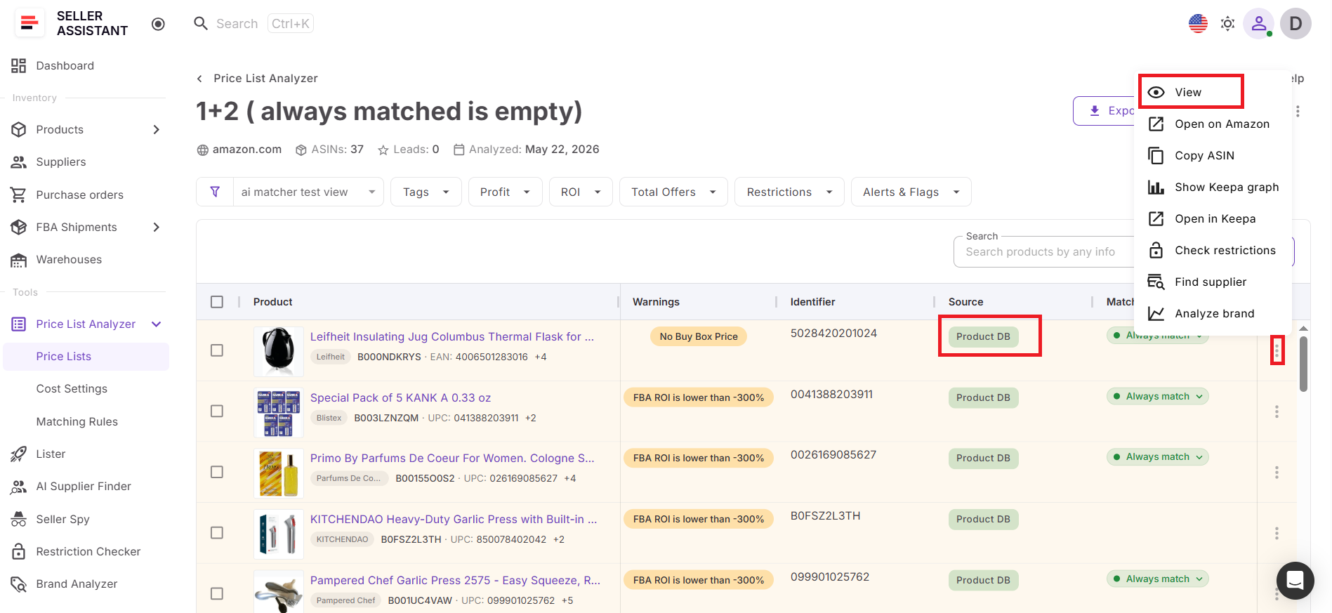 Una vez identificados los productos en Price List Analyzer, se guardan automáticamente en la Product Database junto con las ofertas de los proveedores y la información de sourcing.