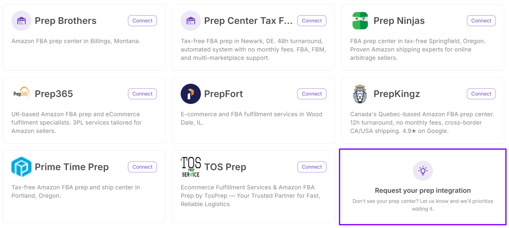 Si su proveedor preferido no es compatible actualmente, puede enviar una solicitud de integración directamente desde la página de Prep Centers