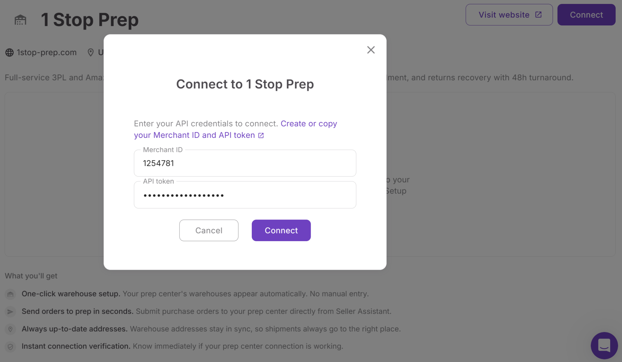 Para conectar un centro de preparación, abra la sección Prep Centers en Integraciones, elija un proveedor compatible y conecte su cuenta