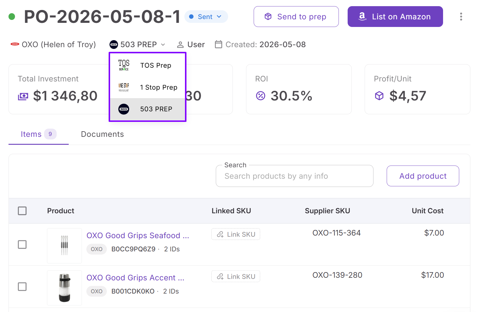 Las ubicaciones sincronizadas de los centros de preparación están disponibles directamente en el Purchase Orders Module
