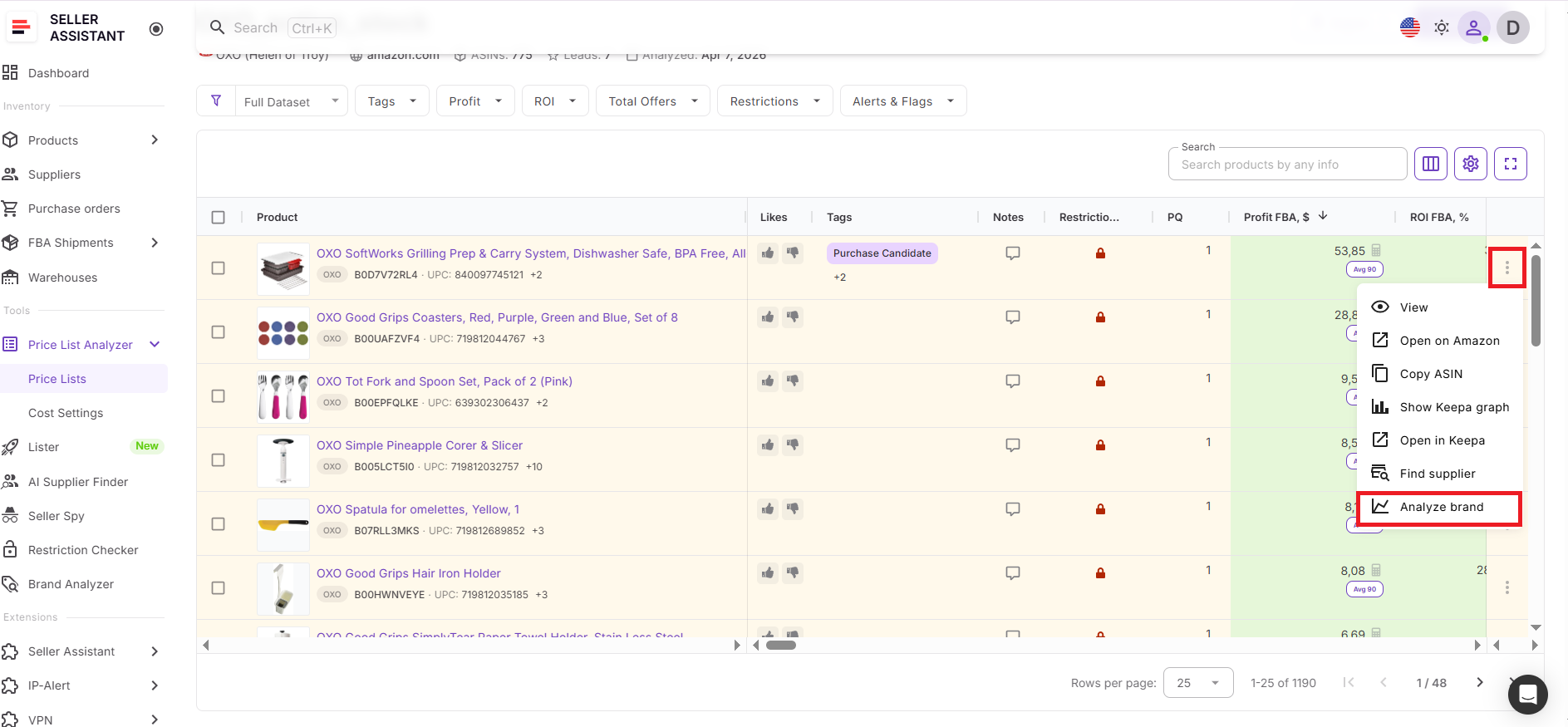 You can launch Brand Analyzer directly from the price list