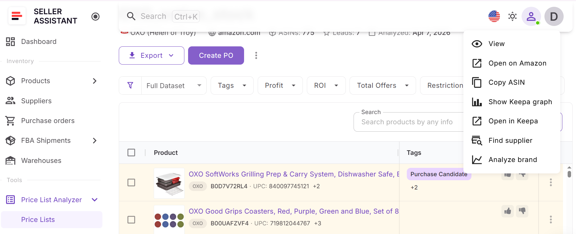 Instead of switching tools, you use Brand Analyzer directly from your analyzed price list