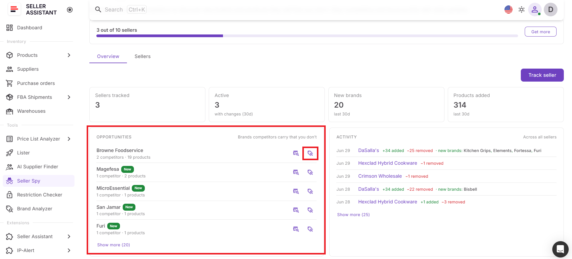 When you find an interesting brand in the Opportunities widget on the Overview dashboard, click the Analyze Brand icon in Seller Spy to analyze brand