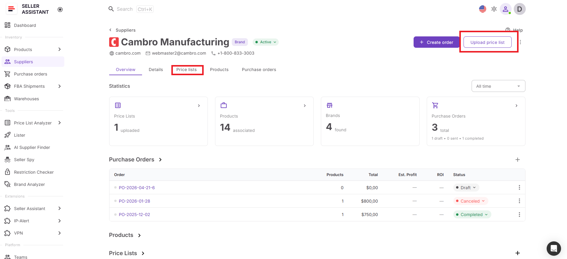 To analyze Price List from Suppliers Database, sellers begin inside Suppliers Database by opening a supplier profile and uploading a supplier catalog directly from the supplier workspace
