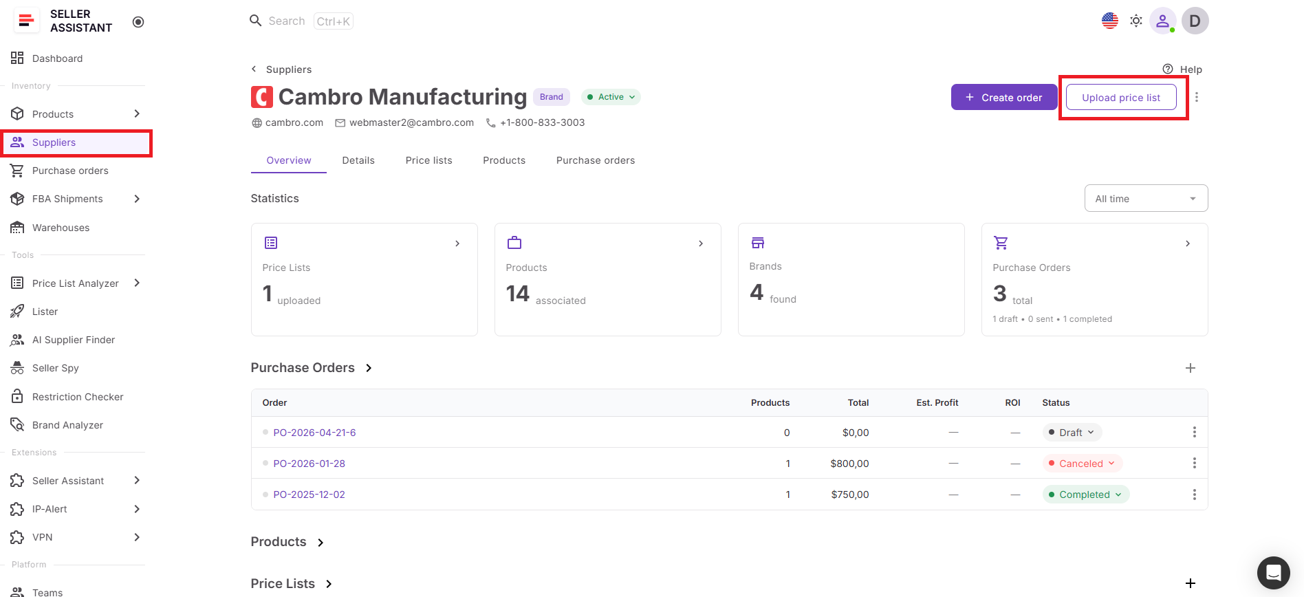 To analyze Price List from Suppliers Database you open a supplier profile and upload the supplier catalog directly from the same workspace