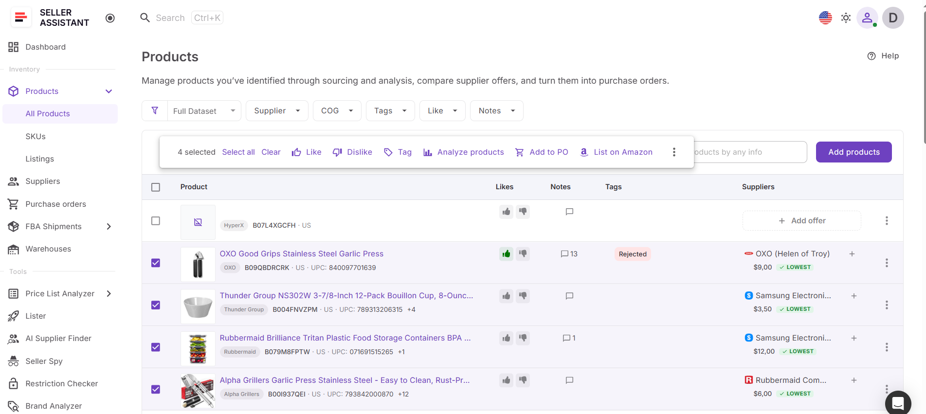 After selecting products, they can launch Analyze Products, which sends selected items directly into Price List Analyzer. 