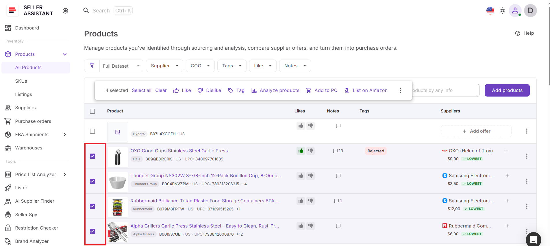 The process starts inside Product Database. You simply select the products you want to review directly from the same workspace.