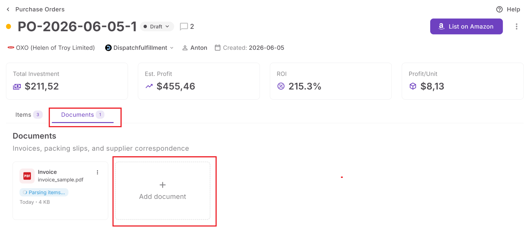 Supplier invoices are uploaded from the Documents tab on the Purchase Order page