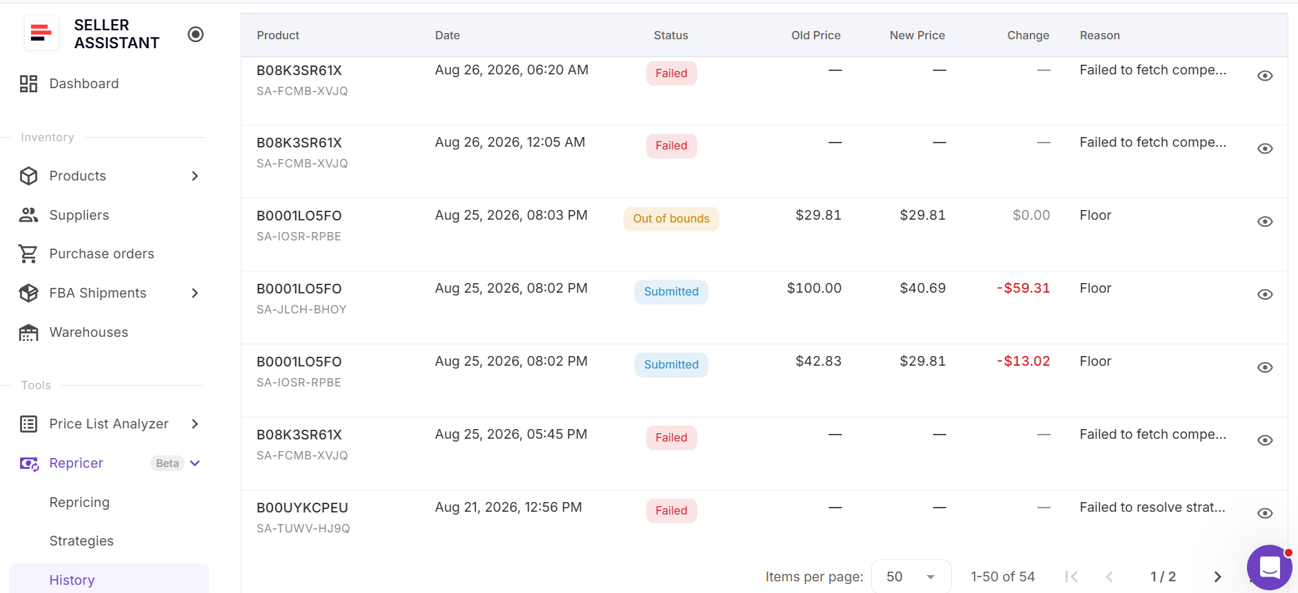 Repricer History records old and new prices, changes, statuses, and reasons