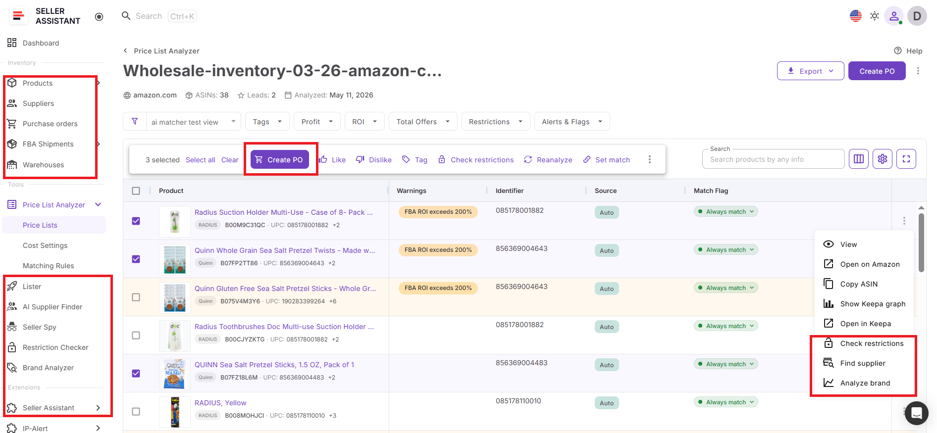 Price List Analyzer connects directly with Purchase Orders Module, Suppliers Database, Warehouses Database, Product Database, Bulk Restriction Checker, and other Seller Assistant workflow tools