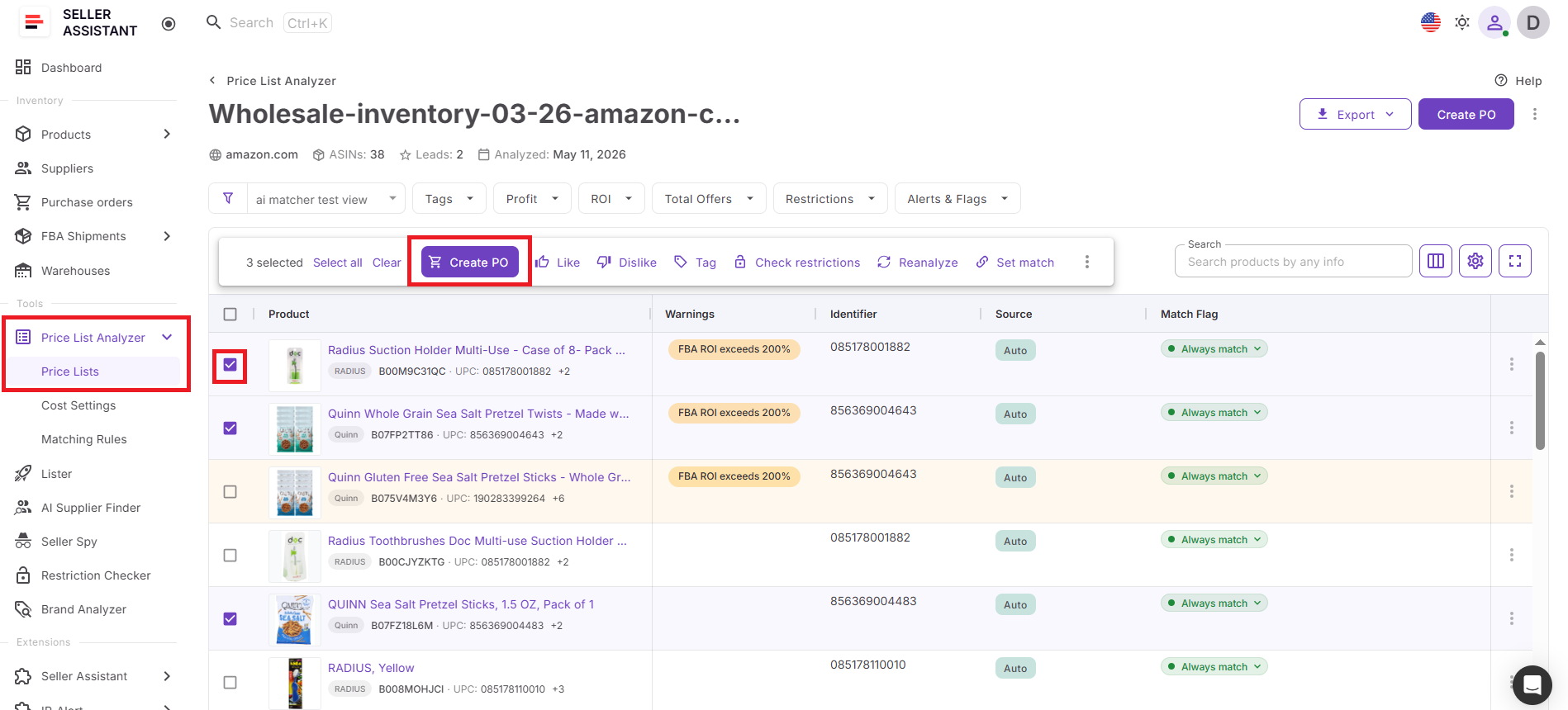 After ticking the selected products, an action menu appears at the top of the table, allowing sellers to click Add to PO and move shortlisted products directly into Purchase Orders Module