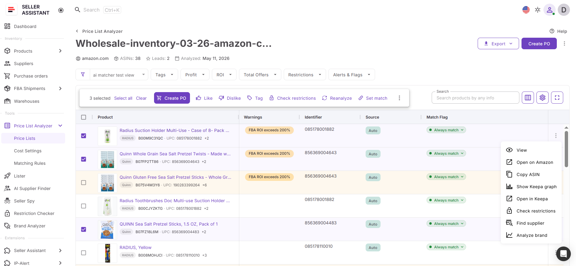 Creating purchase orders from analyzed supplier catalogs is part of Seller Assistant's connected wholesale workflow