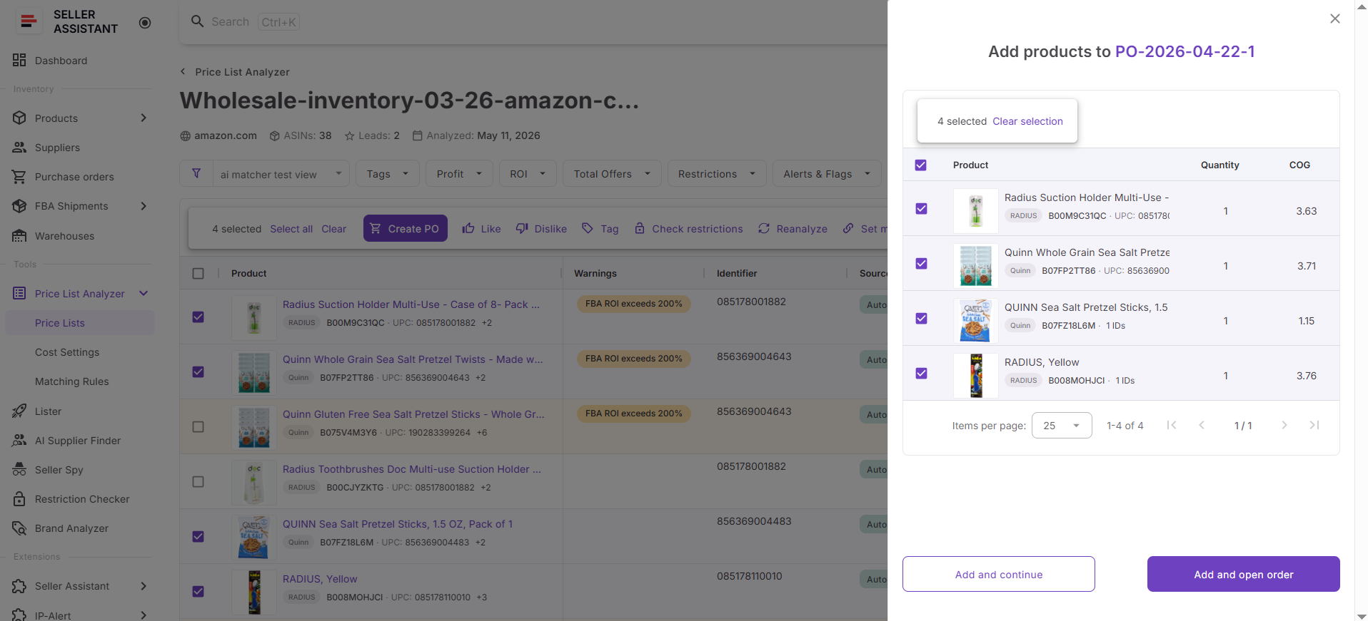 After filtering and reviewing shortlisted products, you can select items directly inside the analyzed supplier list and create a purchase order
