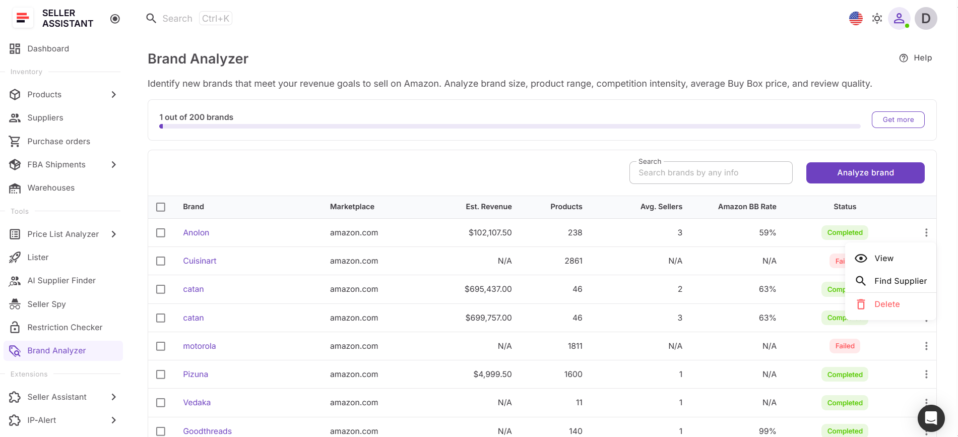 Once a brand meets your criteria, you can immediately move to supplier search using AI Supplier Finder directly from Brand Analyzer