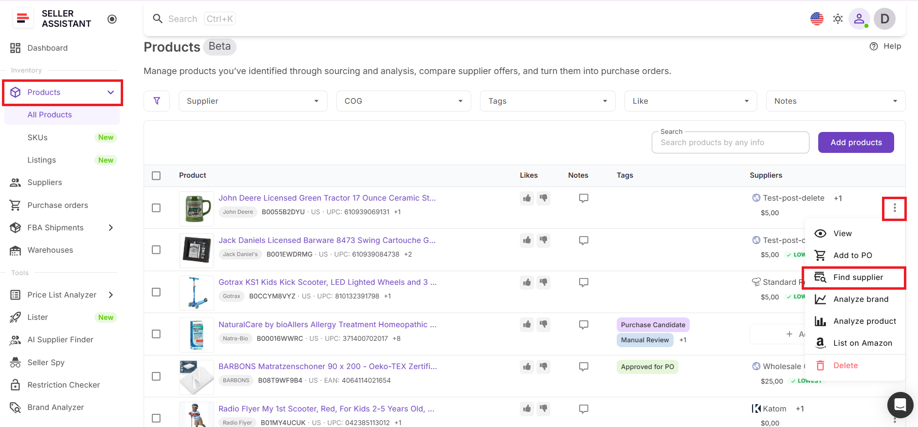 To start supplier discovery, they open the three-dot menu next to the selected product and click Find Supplier