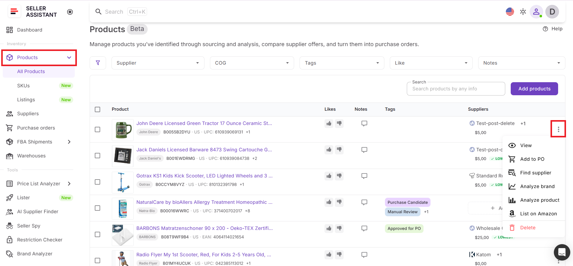 Step 3. Open the product action menu