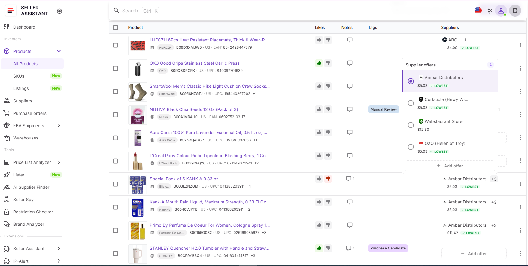 Product Database'den tedarikçi tekliflerini seçebilirsiniz