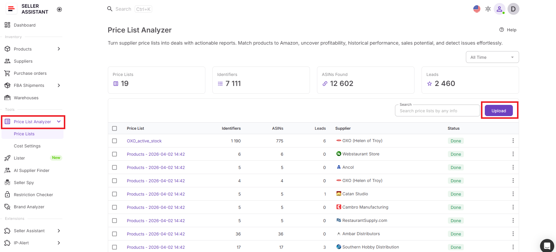 Bir katalog aldıktan sonra, bunu Price List Analyzer'a yüklersiniz