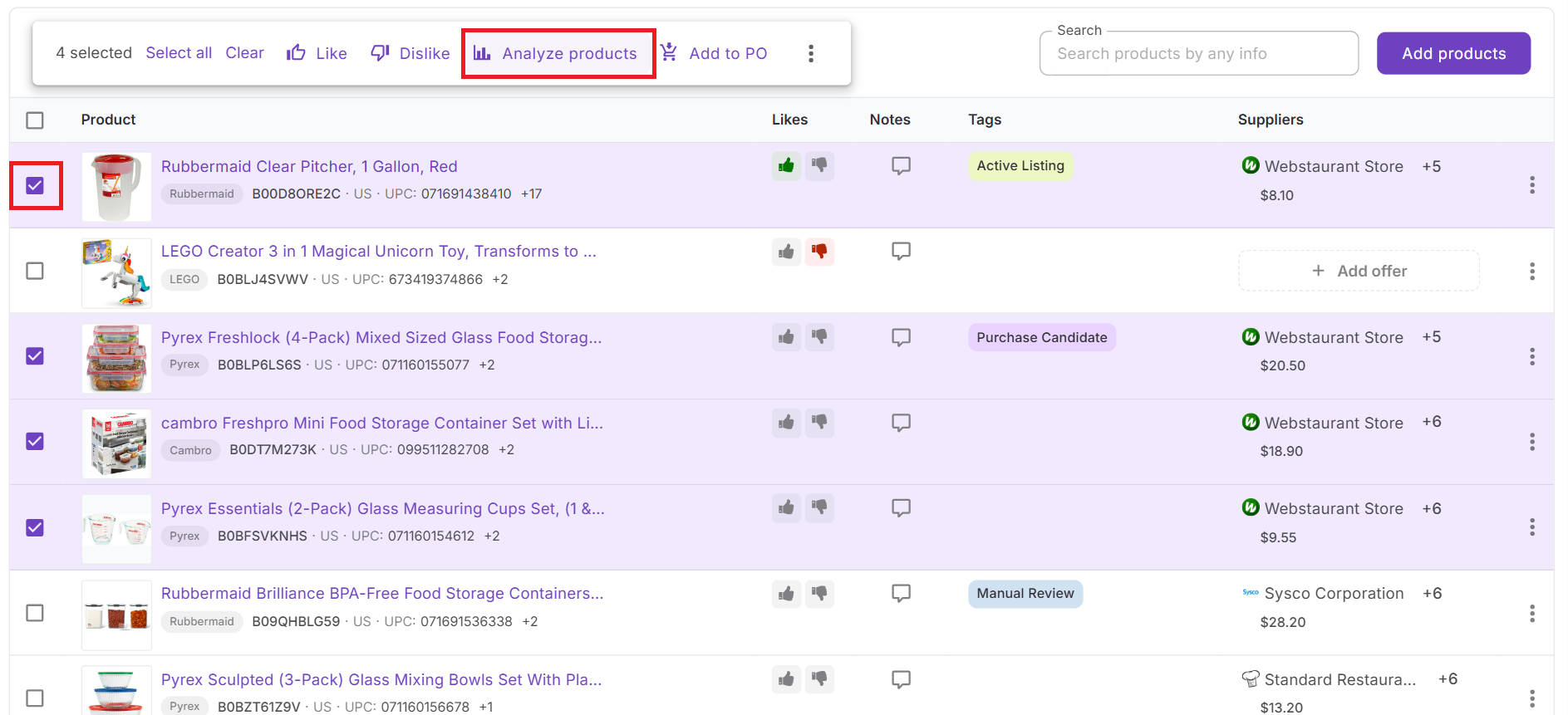 Selecciona uno o varios productos con las casillas. Aparecerá un menú de acciones superior para actualizar todos los productos seleccionados a la vez.