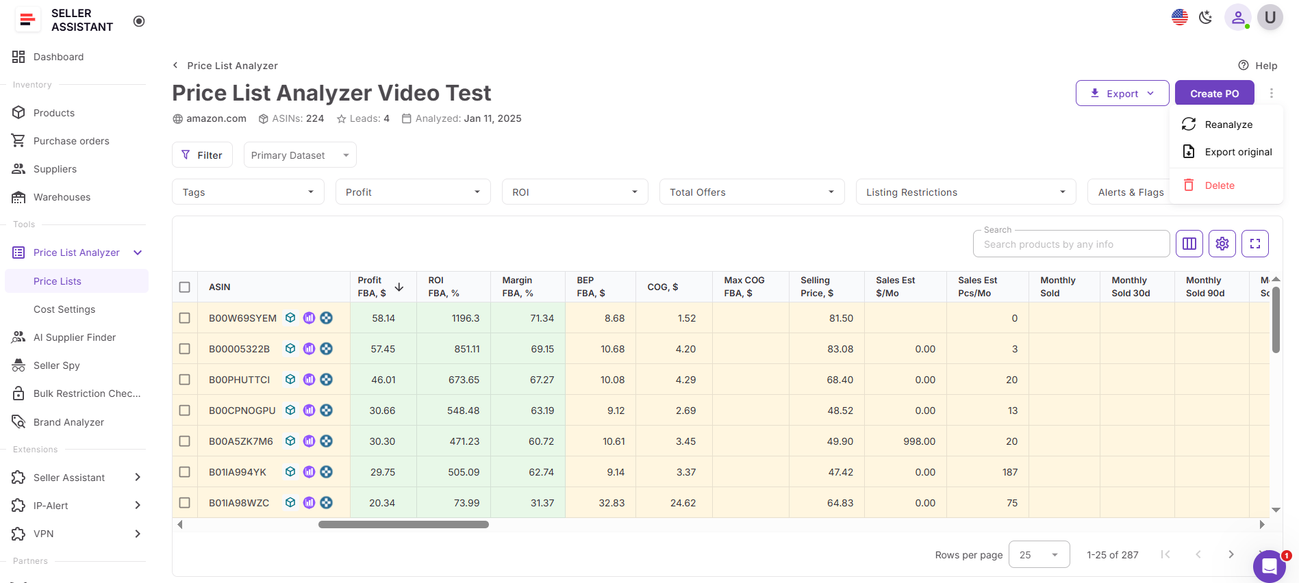 Función Reanalyze en Price List Analyzer