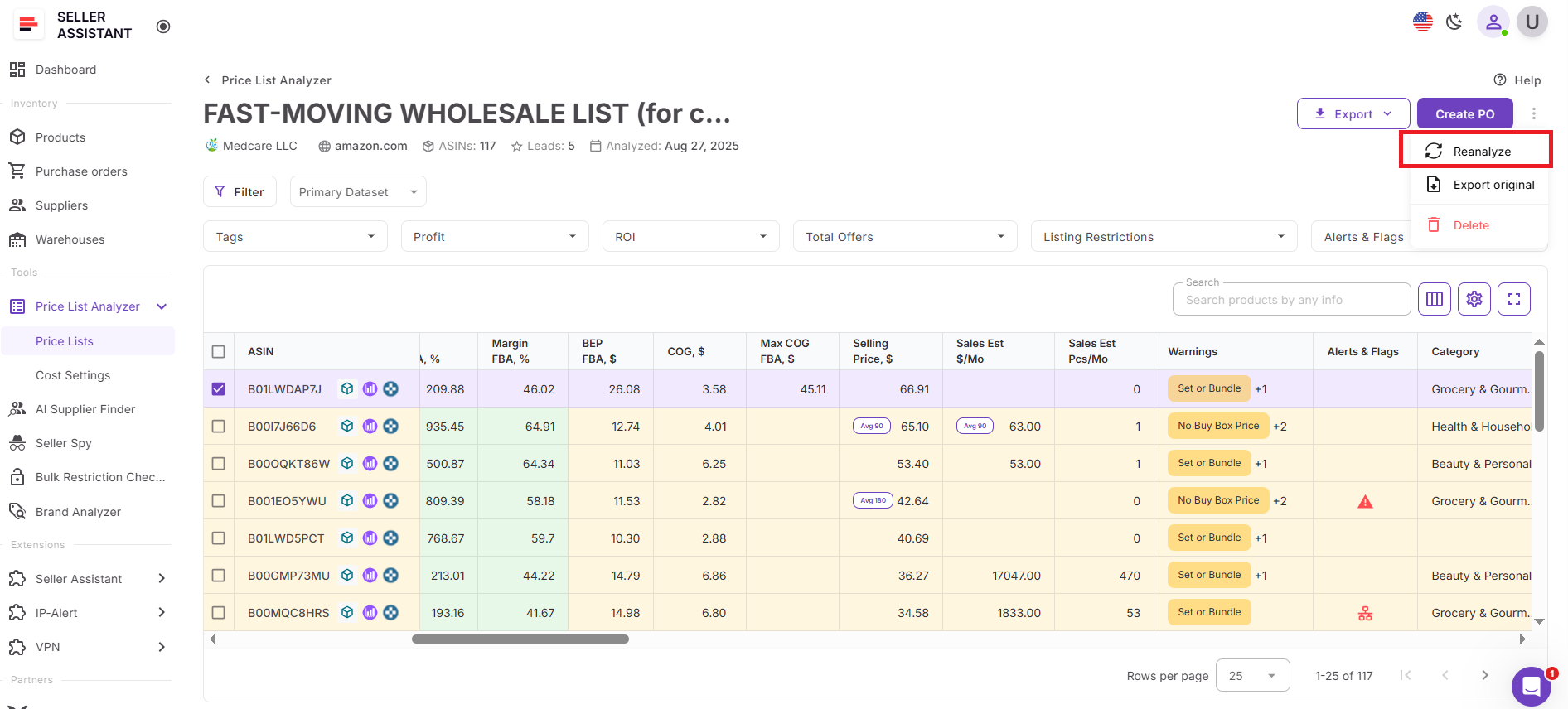 Función Reanalyze en Price List Analyzer