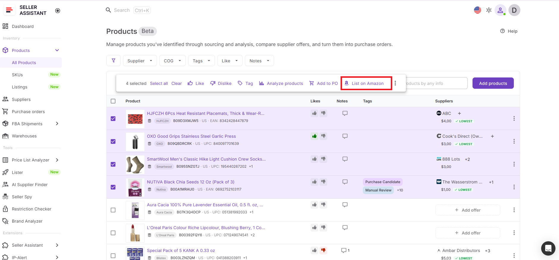 Products are first stored and prepared in Product Database, where supplier selection and product data are finalized. From there, you can send selected products directly to Lister