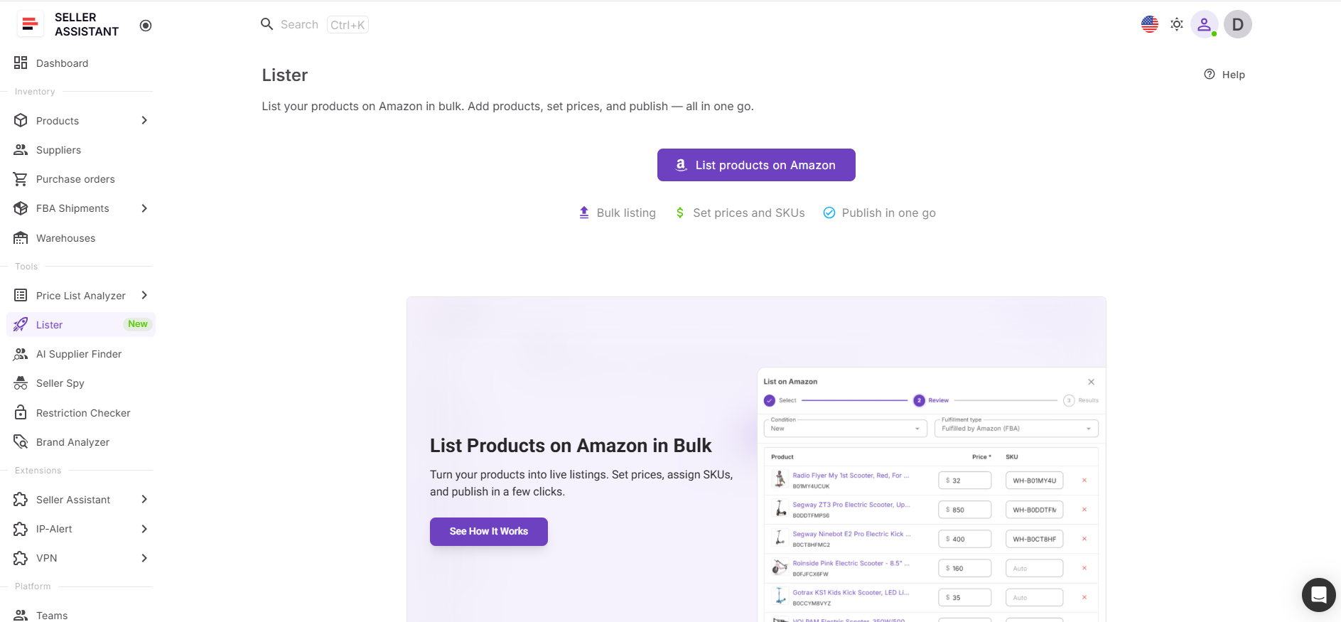 Lister is Seller Assistant’s built-in tool for creating Amazon listings