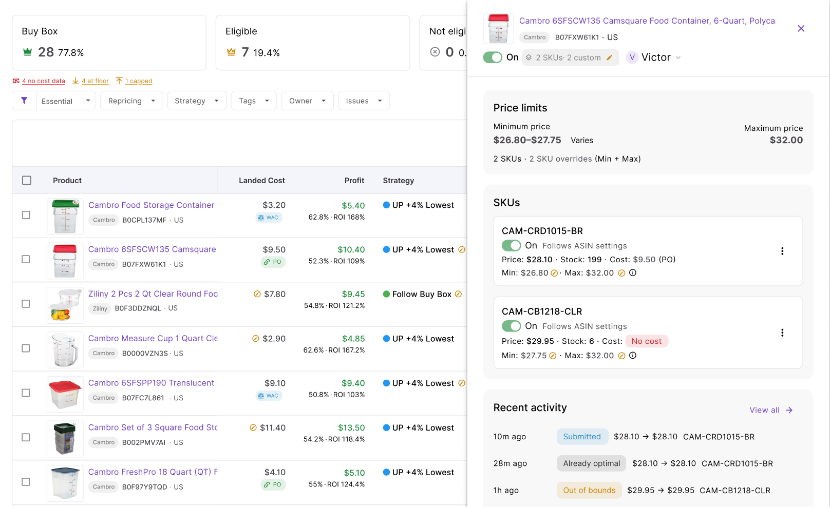 Profit protection and landed cost in Seller Assistant Repricer