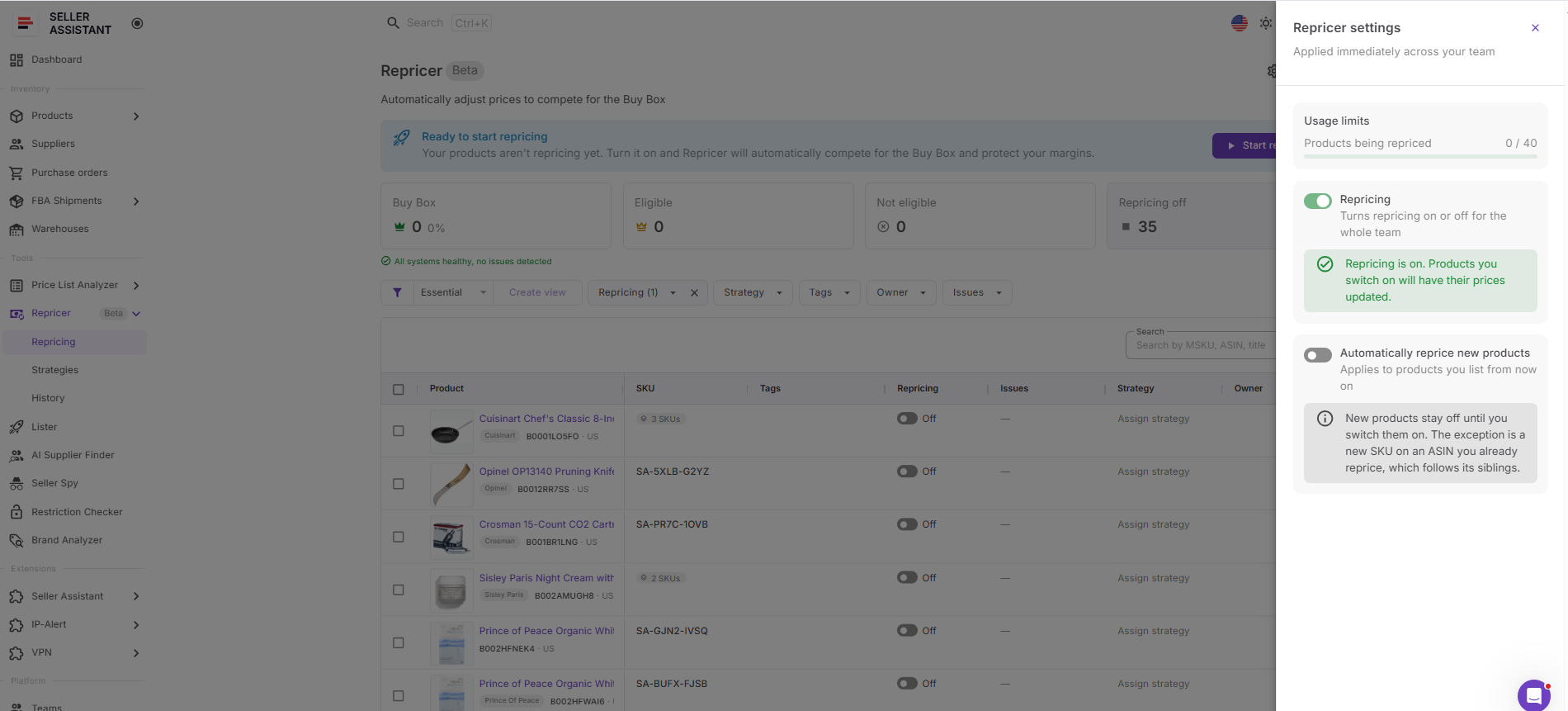 Step 2. Turn repricing on in settings
