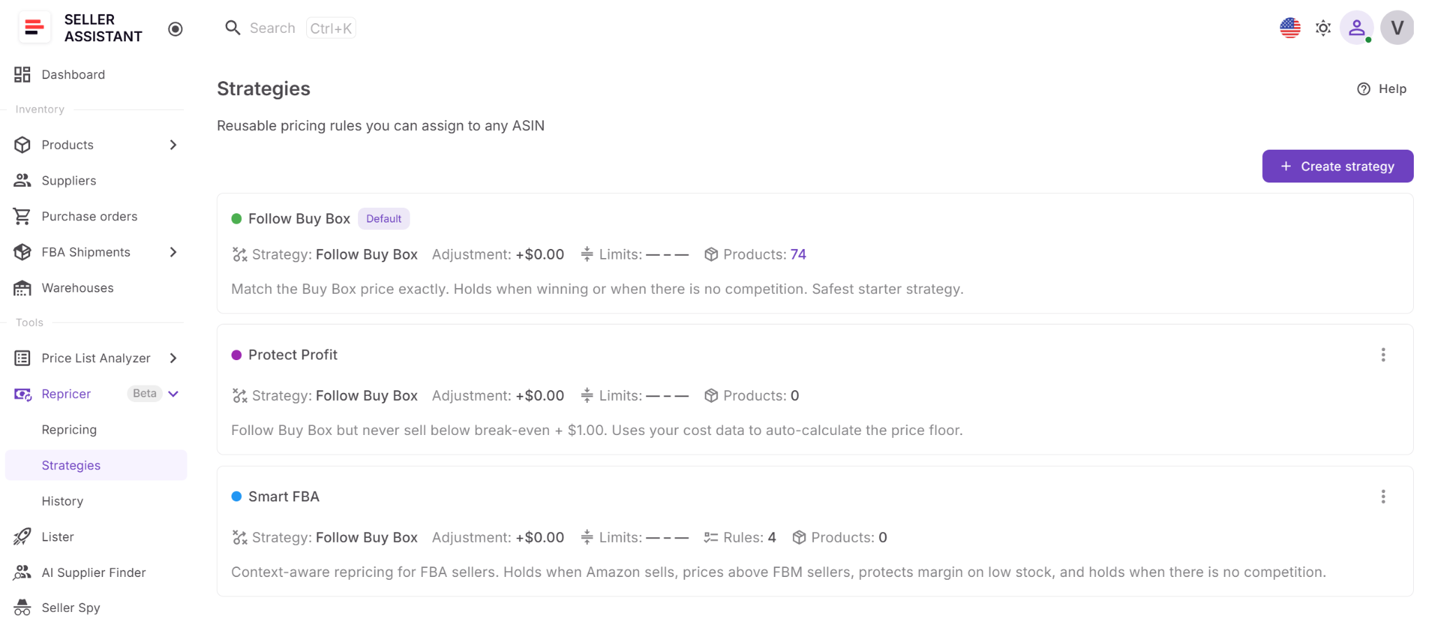 Each product is assigned a repricing strategy