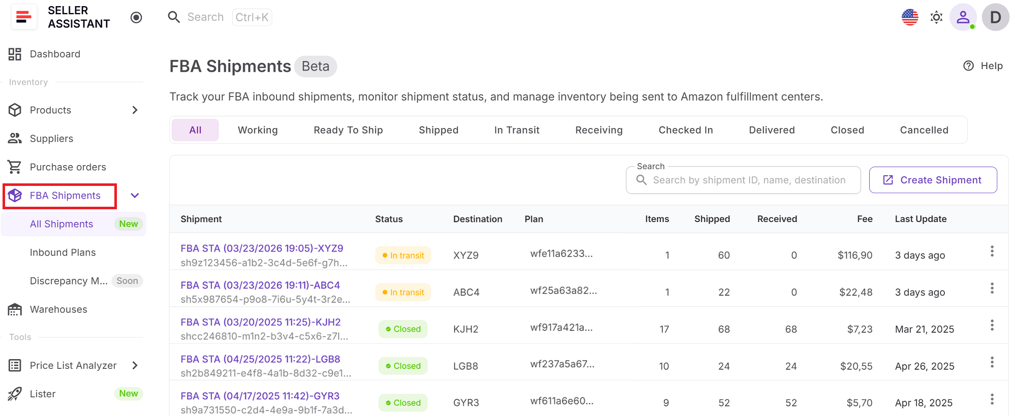 Open FBA Shipments in Seller Assistant
