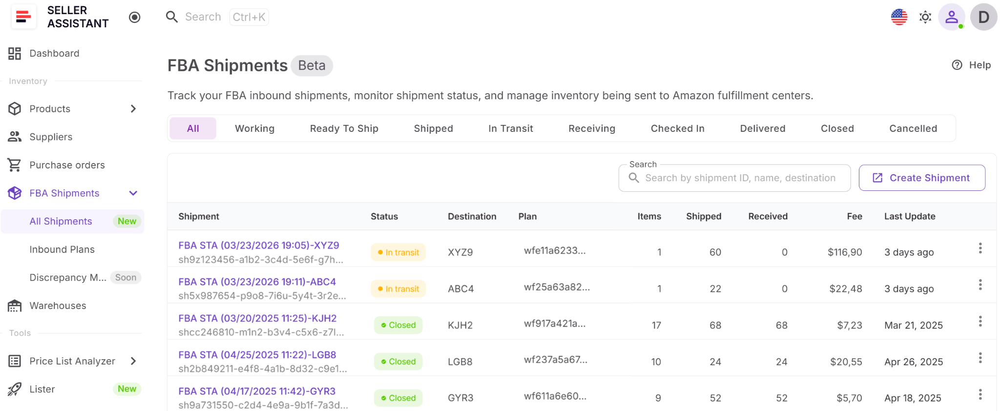 Seller Assistant's FBA Shipments