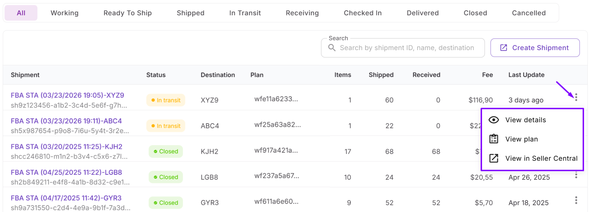 The Shipments table gives you a complete overview of all inbound shipments